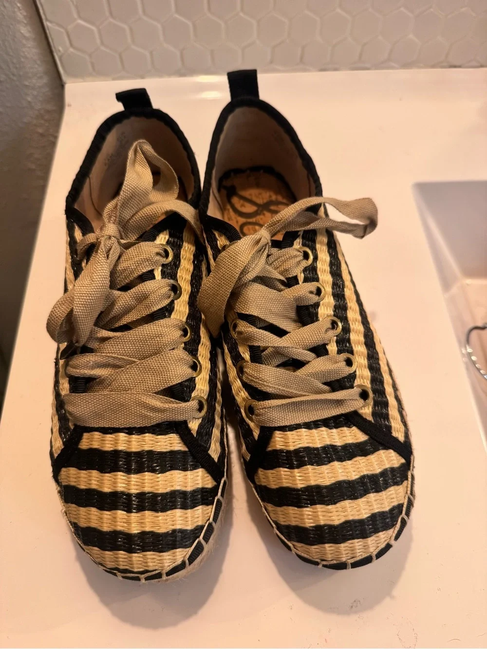 Sam Edelman Black & Natural Striped Platform Espadrille Sneaker